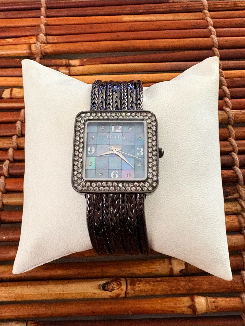 Chico's Iridescent Blue Square Dial Watch  Braided Black Bracelet Needs Battery